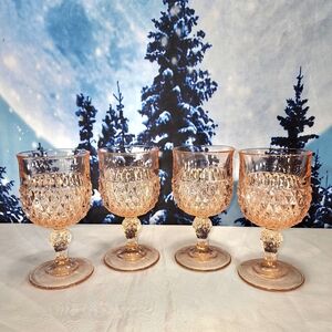 INDIANA GLASS MCM Vintage Sparkle Diamond Point Pink Blush Goblets Set of 4
